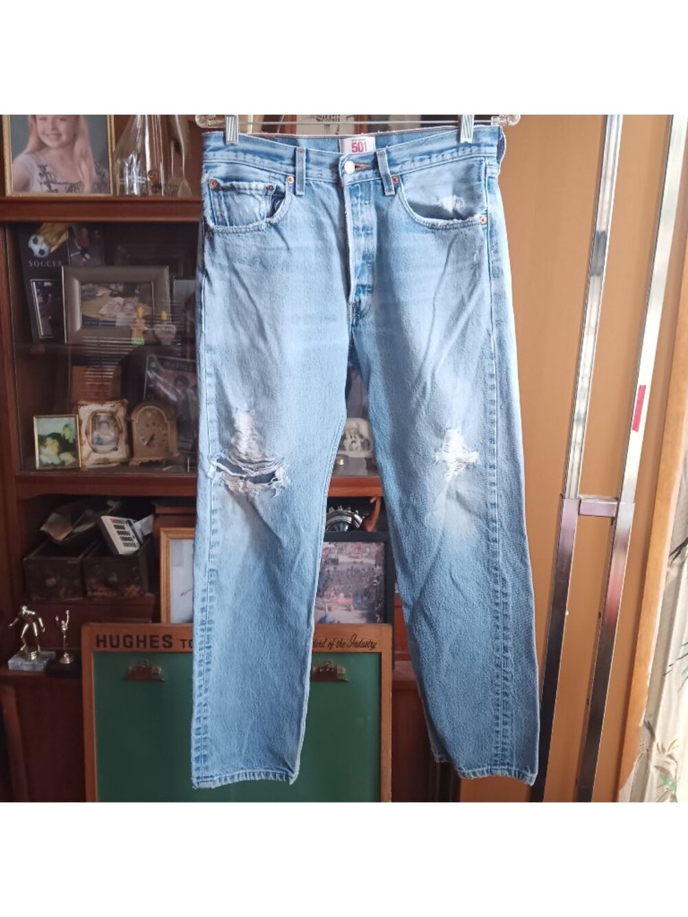 farm Trashed 32x30 Levis 501 Mens Button-Fly Distressed Light Wash Jeans W32 L30